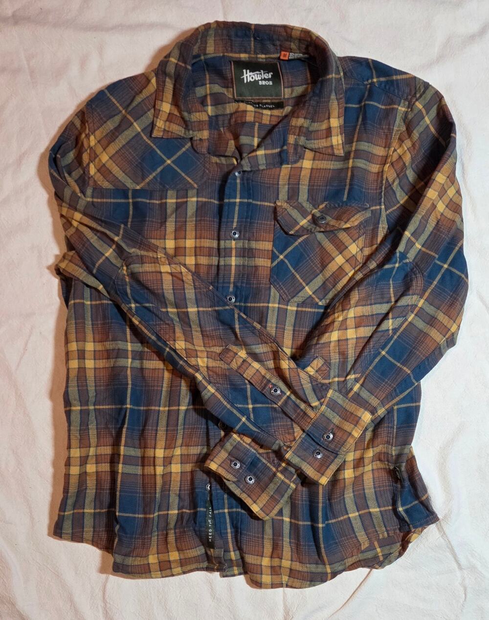 Howler Brothers Harkers Flannel Shirt Mens Med Blue Yellow Plaid Heed The Call